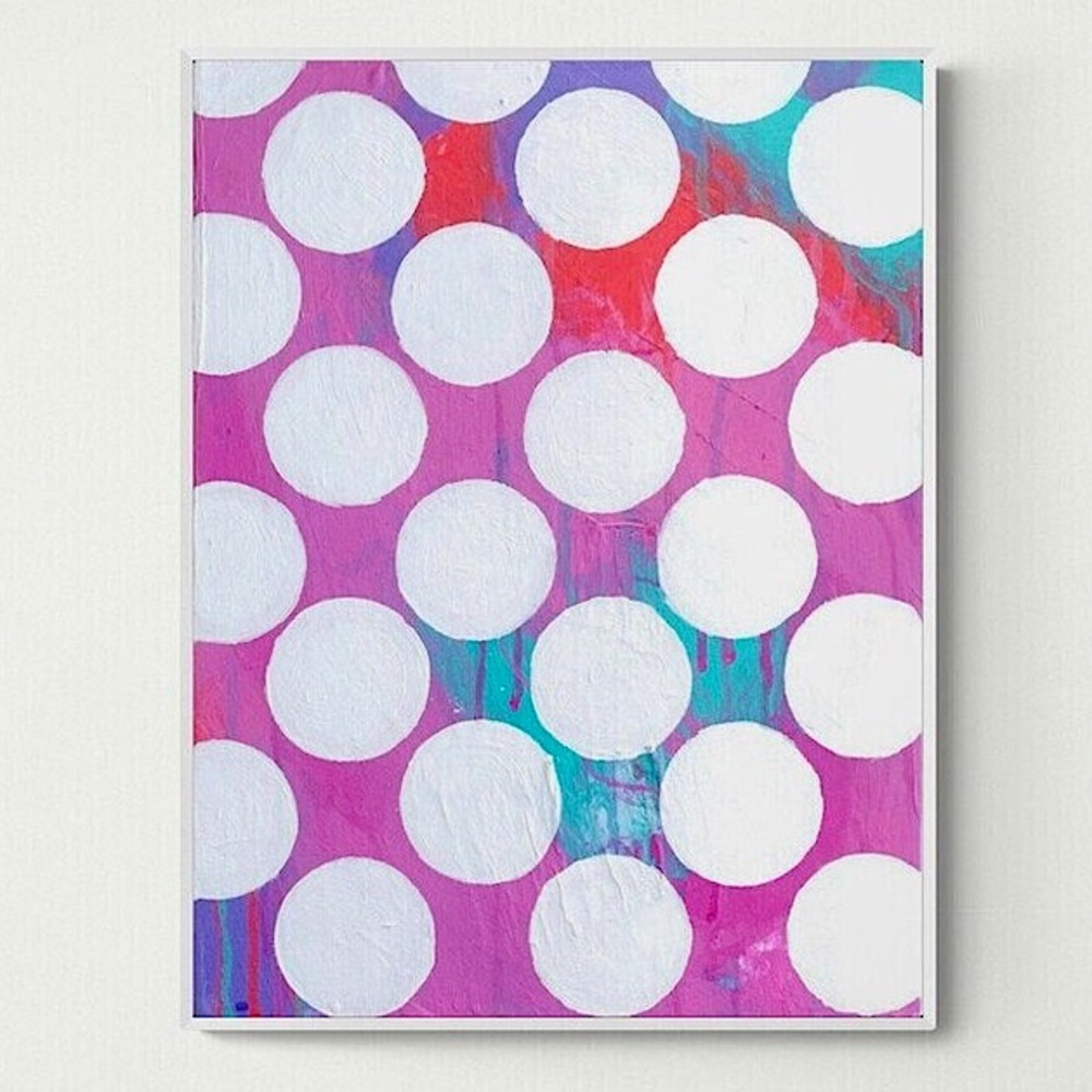 White Polka Dot Painting, Colorful Abstract Modern Artwork 9"x12" Handmade Decor